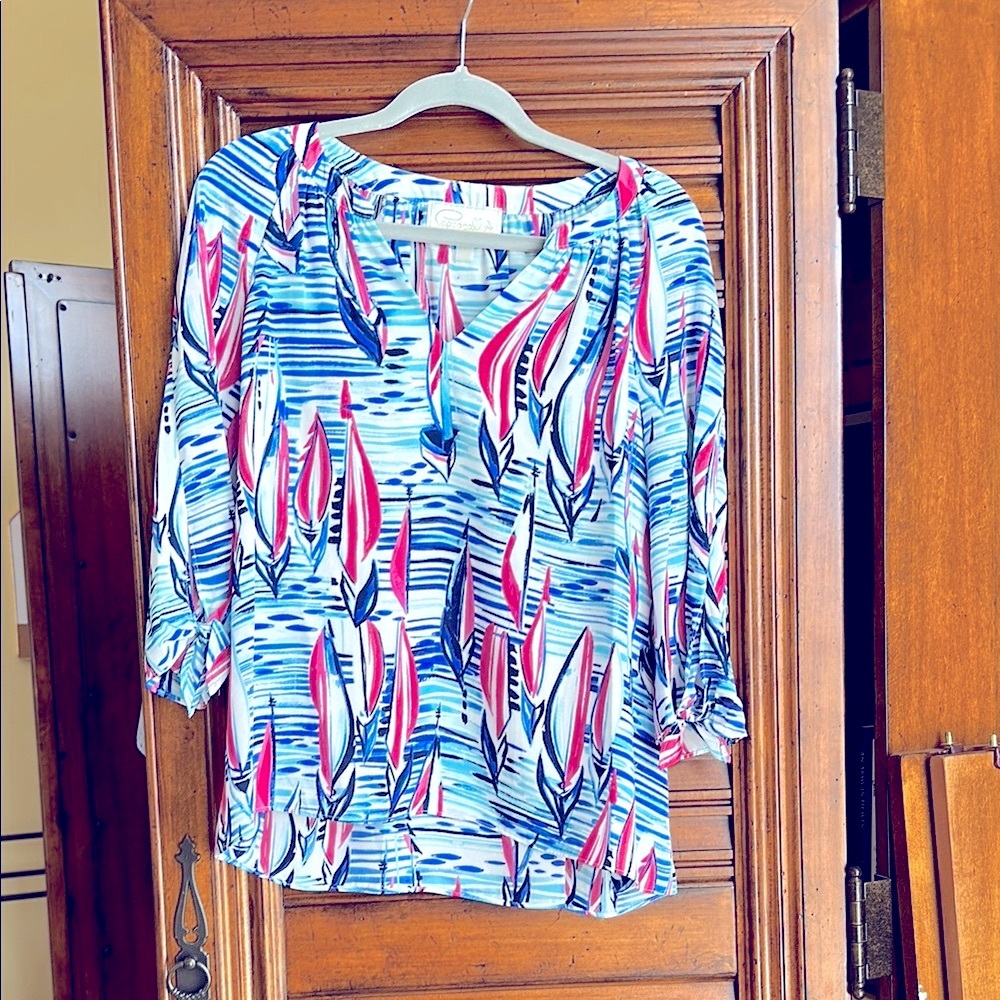 SALE🌸Pappagallo Blue/Pink Regatta Patterned Top